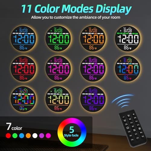8in Round Digital Wall Clock, RGB Color Display, Auto DST, Temperature - Image 3