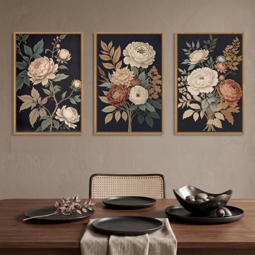 HOURIA Large Moody Dark Flower Framed Canvas Wall Art Set- 24"x36"x3 - Image 3