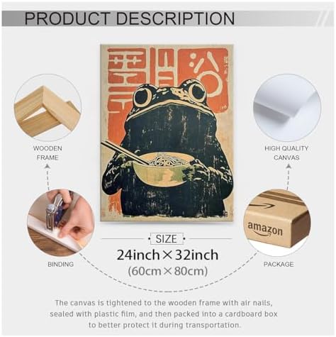 Framed Canvas Wall Art Posters Vintage Japanese Frog Prints Funny Frog Eating - Image 2