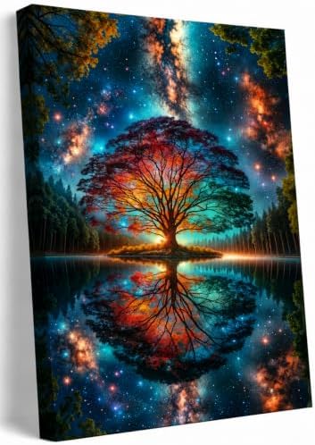 Tree of Life Canvas Wall Art Starry sky reflection Pictures Wall Decor Modern by ZLXARTLA