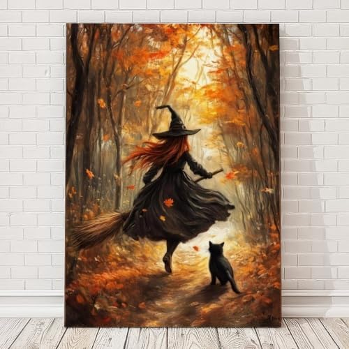 Forest Witch Black Cat Canvas Wall Art, Autumn Halloween Witch Poster Decor - Image 3