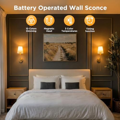 Brightown Battery Operated Wall Sconces Set of Two, Linen Sconces Wall Decor - Image 2