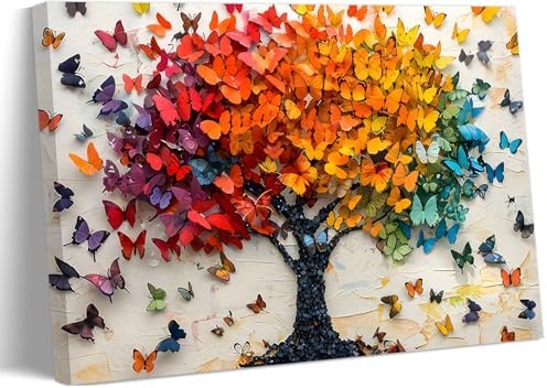 Colorful Butterfly Tree Canvas Wall Art Tree of Life Painting Picture Wall by ZLXARTLA