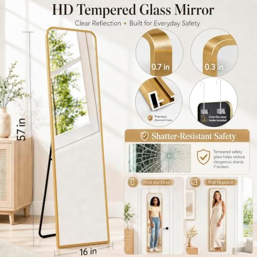 57x16" Full Length Mirror Floor Stand, Over the Door, Wall Mounted Gold - Image 2