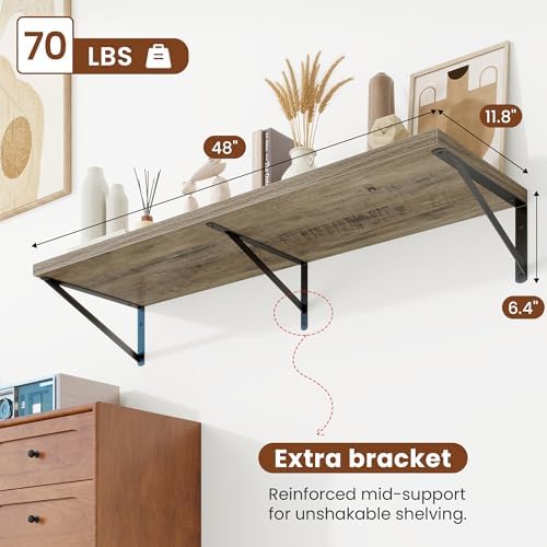 Deep Wall Shelves 48"W x 12"D Engineered Wood Floating Shelves - Image 3