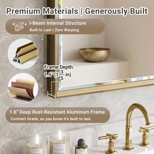 72 x 36 Gold Bathroom Mirror, Brushed Gold Beveled Bathroom Mirror, - Image 3