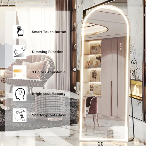 Full Length Mirror with Lights, Arched 63"x20" Full Body Mirror with Light - Image 3