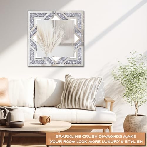 Square Hollow Crushed Diamond Decorative Mirror, 20”x20” Silver Crushed Diamond - Image 3