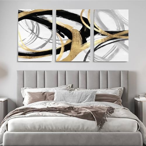 DUWQU Triptych Black Gold White abstract Lines Canvas Wall Art 16x24 in x3 - Image 3