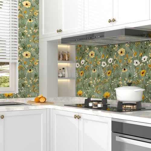 Laatse Vintage Green Yellow Daisy Floral Botanical Wallpaper 17.5"x787" - Image 4