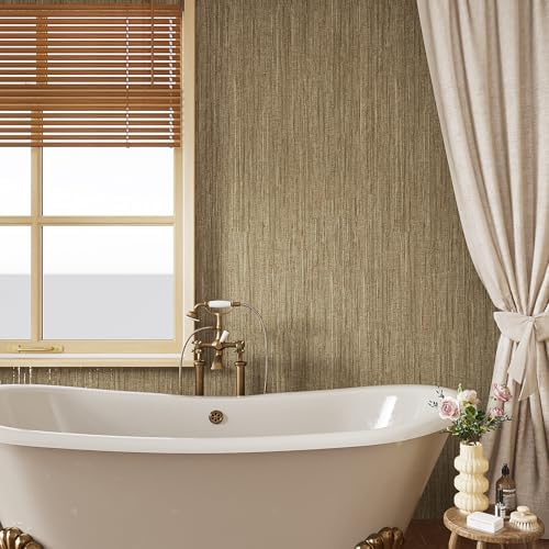 VaryStyle 15.7"x393" Tan Brown/Gold Grasscloth Peel and Stick Wallpaper Vintage - Image 6