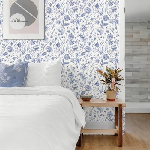 White and Blue Floral Peel and Stick Wallpaper Vintage 17in x 197in - Image 4