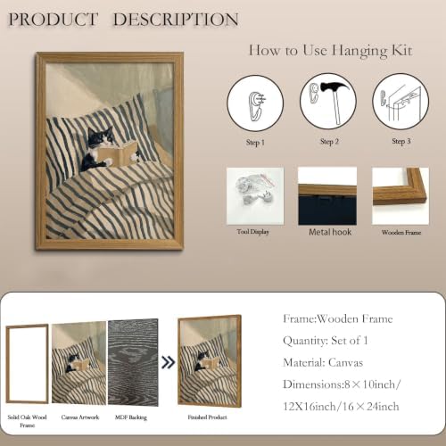 Framed Whimsical Wall Art Tuxedo Cat Reading Book Canvas Print Decor - Image 7