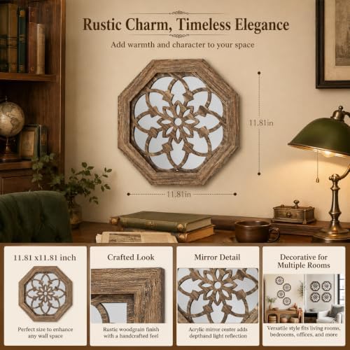 4 Pack 12 Inch Octagon Maroon Rustic Wood Frame Acrylic Wall Mirrors, Farmhouse - Image 5