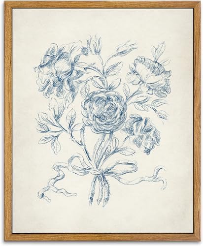 KBKBART Framed Wall Art Neutral Blue Rose Flower Sketch Canvas Prints by KBKBART