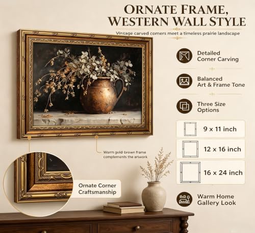Vintage Gold Framed Canvas Wall Art Rustic Farmhouse 3D Textured Dark Floral - Image 2