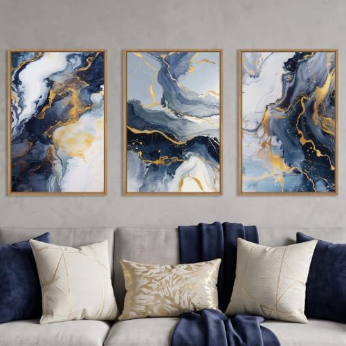 Abstract Navy Blue and Gold Framed Canvas Wall Art Set-16"x24"x3 by Celestdeco