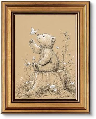 VIYYIEA Vintage Gold Framed Wall Art, Baby Bear & White Butterfly, 10L x 8W by VIYYIEAART
