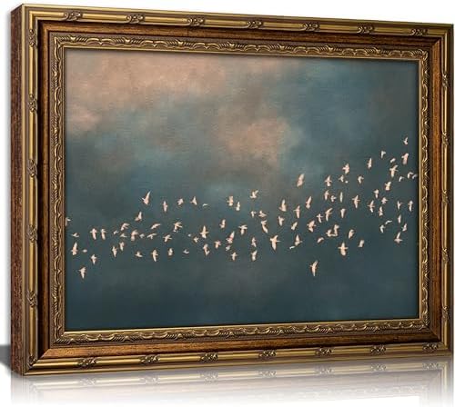 Vintage Gold Framed Flock of Birds in Flight Wall Art, Abstract Teal and Blush by HPZFEIJJWallArt