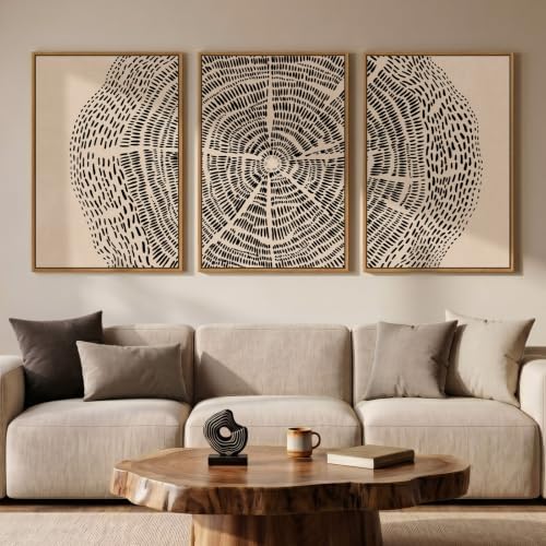 3 Piece Large Framed Neutral Tree Ring Wall Art by MXART