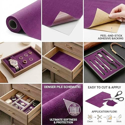 Dark Purple Self Adhesive Soft Velvet Drawer Liner DIY Fabric Felt Liner - Image 5