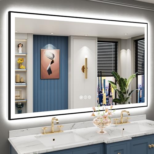 66x40 Black LED Bathroom Mirror, Backlit & Front Lit Lighted Mirror by Awandee