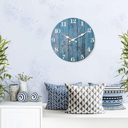 XFM Blue Farmhouse Wooden Wall Clock Battery Operated Silent - Image 2