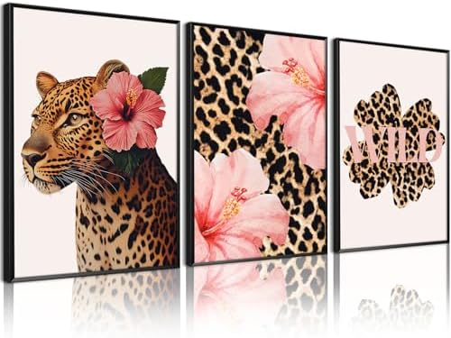 Trendy Leopard Wall Art Pink Cheetah Print Room Decor Leopard Flower Canvas by Unknown