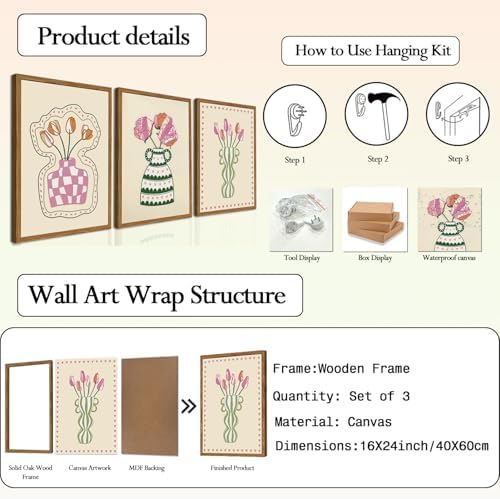 Framed Boho Floral Canvas Wall Art Set of 3, Abstract Botanical Pictures Prints - Image 6