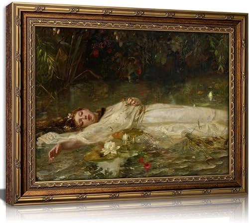 Vintage Gold Framed Ophelia Canvas Wall Art Gothic Dark Academia Pond Lotus by Gothicart