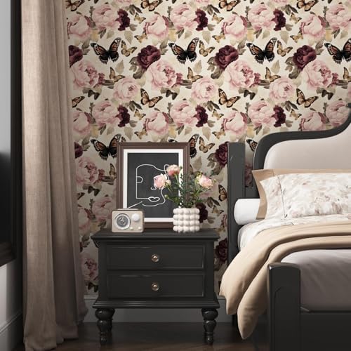Laatse Beige Pink Butterfly Floral Peel and Stick Wallpaper 17.5"x393" - Image 2