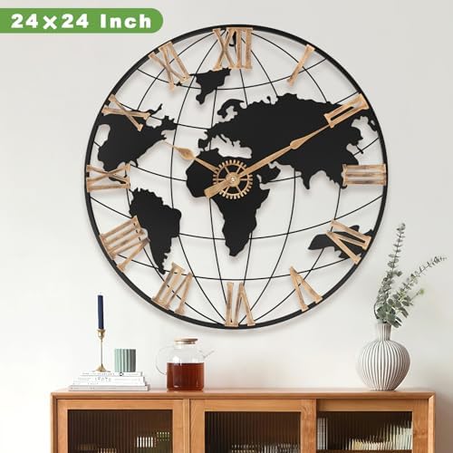 Pytha Sight 24 Inch Large World Map Vintage Gold Roman Numerals Wall Clock - Image 3