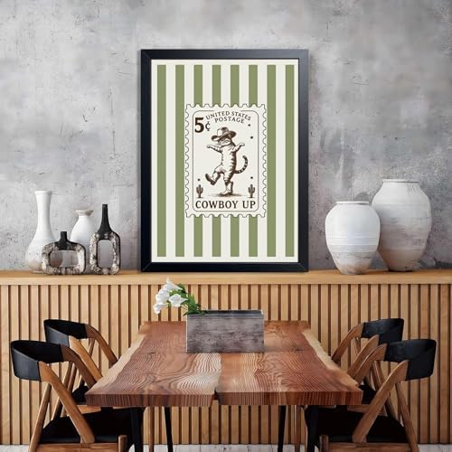 Framed Cowboy Cat Wall Art Painting, Vintage Western Cat Stamp Canvas Print - Image 4