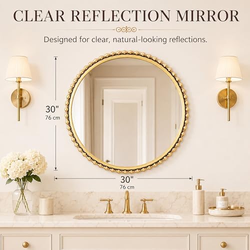 30" Round Bathroom Mirror, Antique Gold Bold Beaded Frame - Image 5