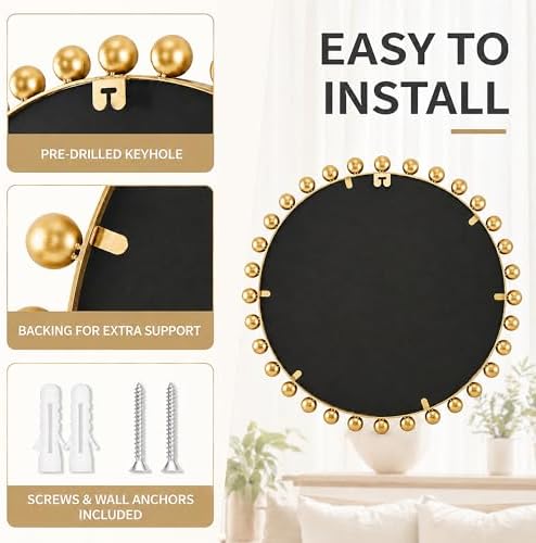 30 Inch Round Wall Mirror, Antique Gold Ball Frame, Beveled Glass - Image 5