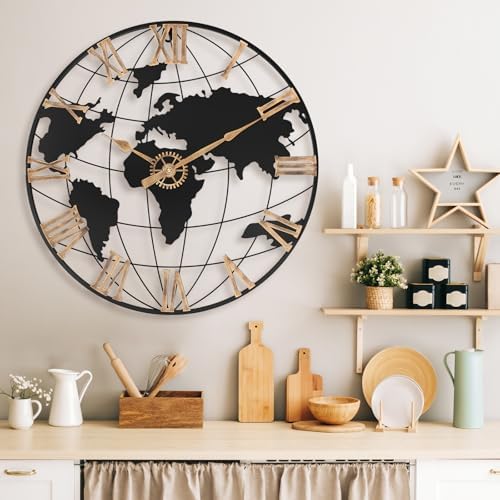 Pytha Sight 24 Inch Large World Map Vintage Gold Roman Numerals Wall Clock - Image 4