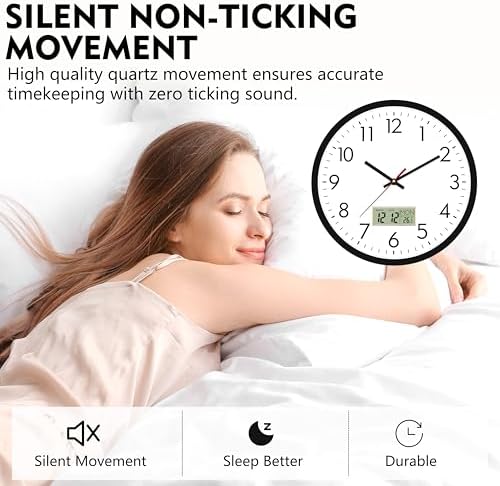 Lumuasky Wall Clock Digital 12" Non-Ticking Silent Battery Operated Analog - Image 2