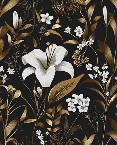 Laatse Vintage Dark Black Golden Floral Peel and Stick Wallpaper 17.5"x118" by Laatse