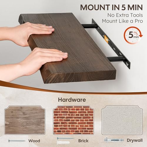24" Live Edge Floating Shelves, Solid Elm Wood Shelf - Image 4