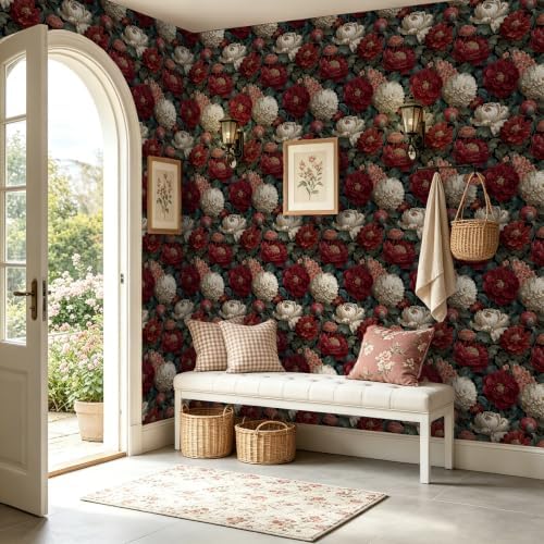 BOKEBEVE Vibrant Red Floral Peel and Stick Wallpaper Vintage 17.5 x 118In - Image 4