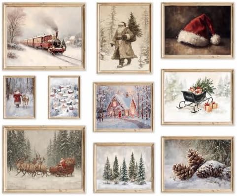KBKBART Vintage Christmas Wall Art Prints Set of 10 Holiday Canvas Painting by KBKBART