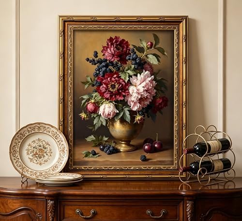 xikafou 3D Textured Canvas Wall Art, Vintage Carved Gold Frame, Peony - Image 2