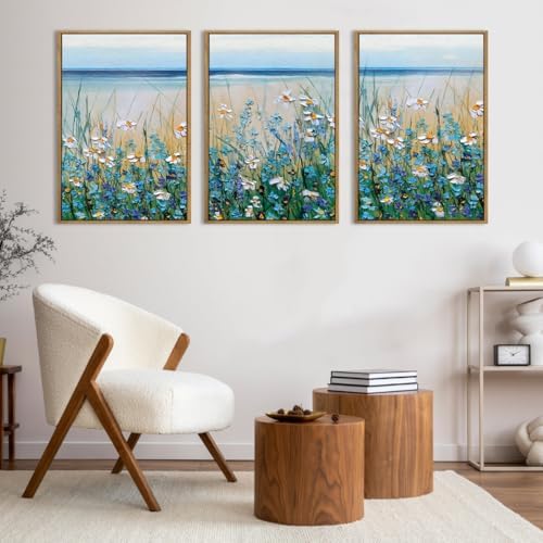 Blue Seaside Cyan Floral Wall Decor Wildflower Canvas Painting Framed Floral - Image 7
