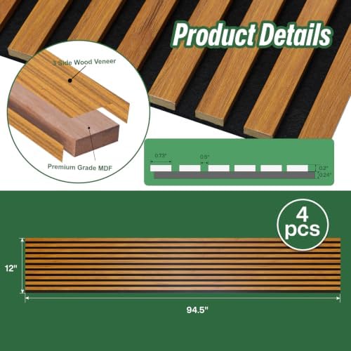 NeatiEase 4 Pack Acoustic Wall Panels, 94.5"x12" Wood Slat Wall Panel - Image 3
