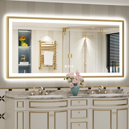 72x36 Gold Beveled LED Lighted Bathroom Mirror, Backlit & Front Lit by Awandee