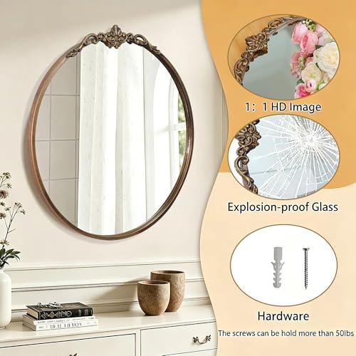 Traditional Round Wall Mirror, 19x18 Inch, Circle Brushed Black Antique Mirror - Image 5