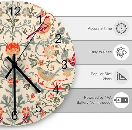 William Morris Wall Clock, Vintage Art White Rustic Floral Botanical Bird Round - Image 3