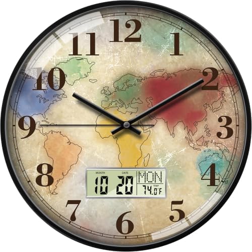 Vintage World Map Wall Clock, 12 Inch Analog and Digital Combo by SCOAGE