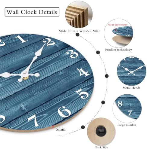 XFM Blue Wood Wall Clock Battery Operated 10 Inch Silent - Image 3