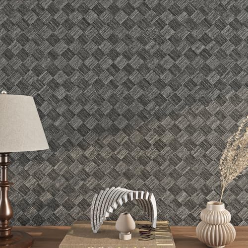 Livelynine 15.8x197 Peel and Stick Grasscloth Woven Wallpaper Black Squares - Image 3